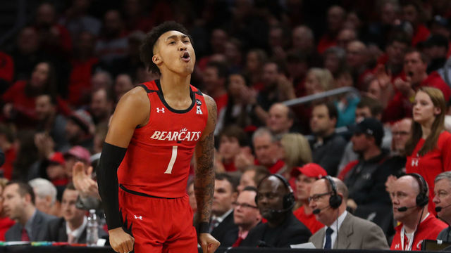 CINCINNATI, OH - FEBRUARY 13: Cincinnati Bearcats guard Jeremiah Davenport (1) reacts during the game against the Memphis Tigers and the Cincinnati Bearcats on February 13th, 2020 at Fifth Third Arena in Cincinnati, OH.