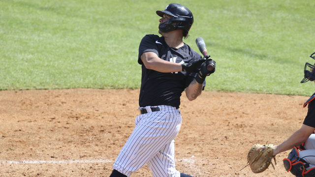 TAMPA, FL - MARCH 01: New York Yankees catcher Gary Sanchez (24) at bat during the MLB Spring Training game between the Detroit Tigers and New York Yankees on March 1, 2021 at George M. Steinbrenner Field in Tampa, FL.