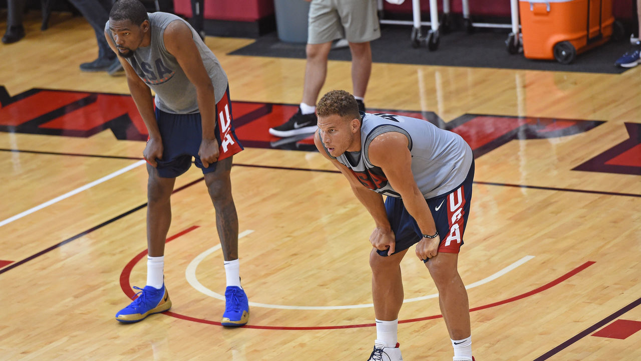 LAS VEGAS, NV - JULY 27: Kevin Durant and Blake Griffin look on during USAB Minicamp at Mendenhall Center on the University of Nevada, Las Vegas campus on July 27, 2018 in Las Vegas, Nevada. NOTE TO USER: User expressly acknowledges and agrees that, by downloading and/or using this Photograph, user is consenting to the terms and conditions of the Getty Images License Agreement. Mandatory Copyright Notice: Copyright 2018 NBAE
