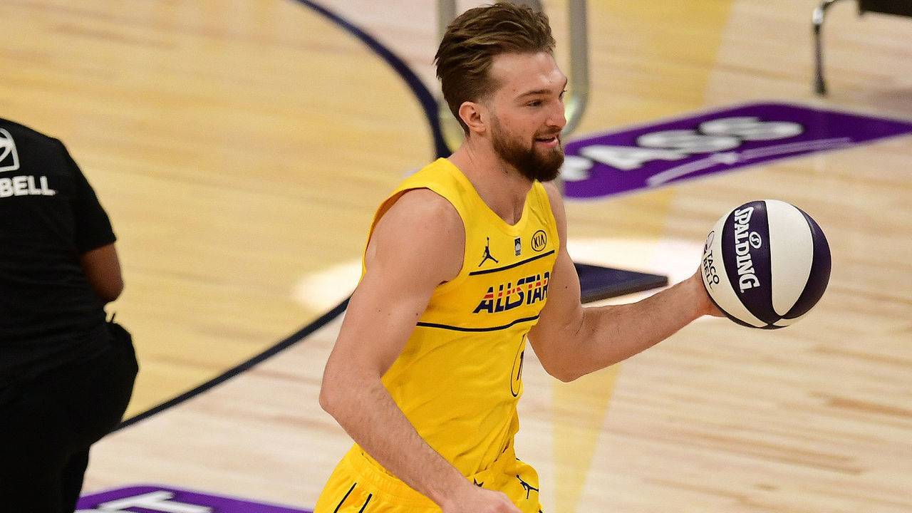ATLANTA, GA - MARCH 7: Domantas Sabonis #11 of Team LeBron dribbles the ball during the Taco Bell Skills Challenge as part of 2021 NBA All Star Weekend on March 7, 2021 at State Farm Arena in Atlanta, Georgia. Mandatory Copyright Notice: Copyright 2021 NBAE