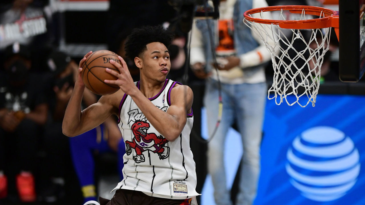 ATLANTA, GA - MARCH 7: Anfernee Simons #1 of the Portland Trail Blazers dunks the ball during the AT&T Slam Dunk Contest as part of 2021 NBA All Star Weekend on March 7, 2021 at State Farm Arena in Atlanta, Georgia. Mandatory Copyright Notice: Copyright 2021 NBAE
