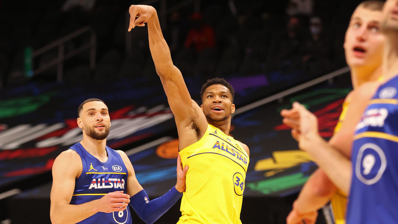 ATLANTA, GA - MARCH 7: Giannis Antetokounmpo #34 of Team LeBron celebrates a three point basket during the 70th NBA All Star Game as part of 2021 NBA All Star Weekend on March 7, 2021 at State Farm Arena in Atlanta, Georgia. Mandatory Copyright Notice: Copyright 2021 NBAE
