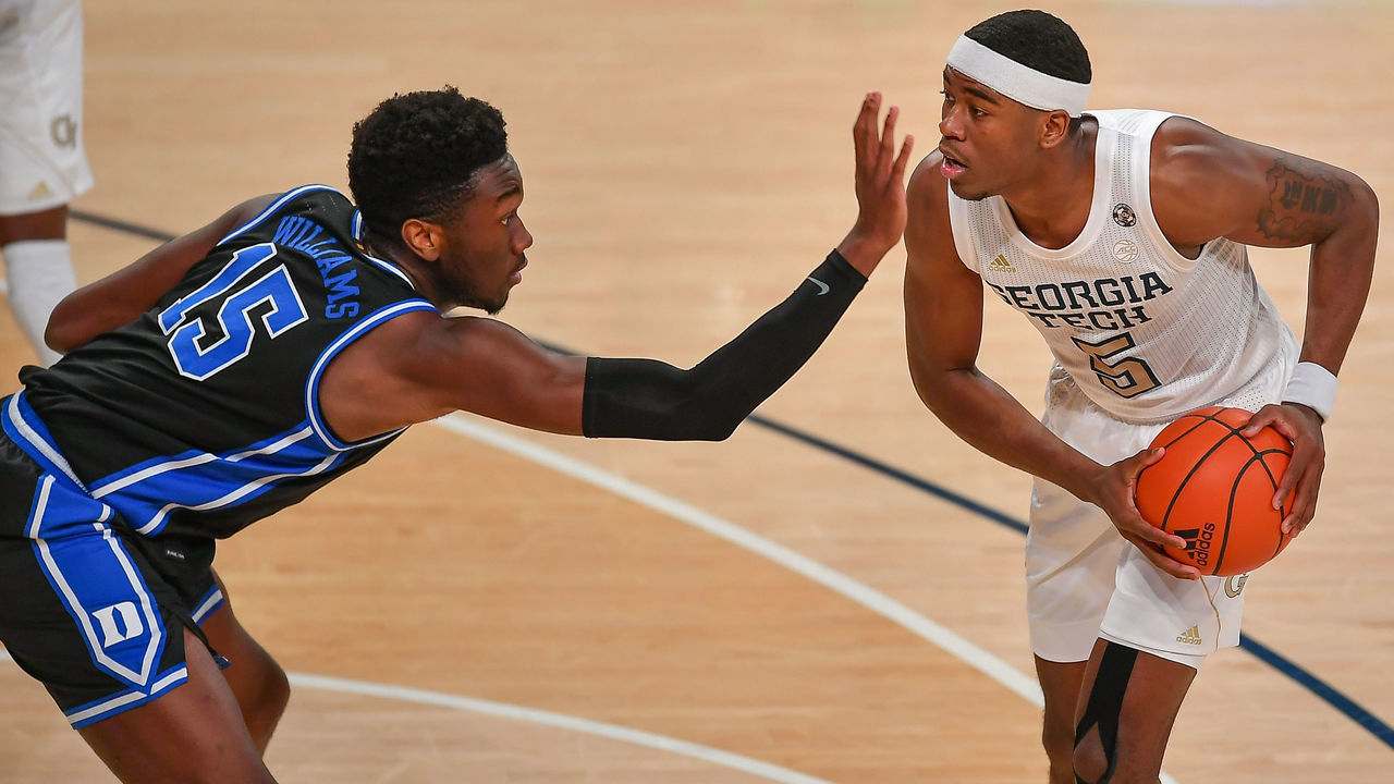 ATLANTA, GA MARCH 02: Georgia Tech forward Moses Wright (5) is defended by Duke center Mark Williams (15) during the NCAA basketball game between the Duke Blue Devils and the Georgia Tech Yellow Jackets on March 2nd, 2021 at Hank McCamish Pavilion in Atlanta, GA.