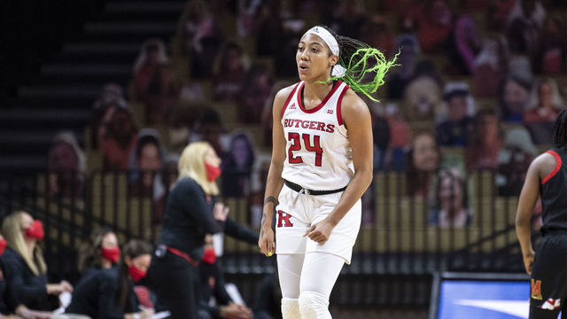 PISCATAWAY, NJ - DECEMBER 14: Arella Guirantes #24 of the Rutgers Scarlet Knights during a regular season game at Rutgers Athletic Center on December 14, 2020 in Piscataway, New Jersey.