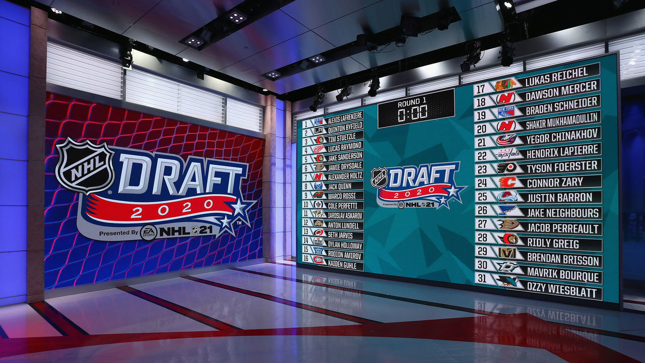 SECAUCUS, NEW JERSEY - OCTOBER 06: A general view of the draft board following the first round of the 2020 National Hockey League (NHL) Draft at the NHL Network Studio on October 06, 2020 in Secaucus, New Jersey.