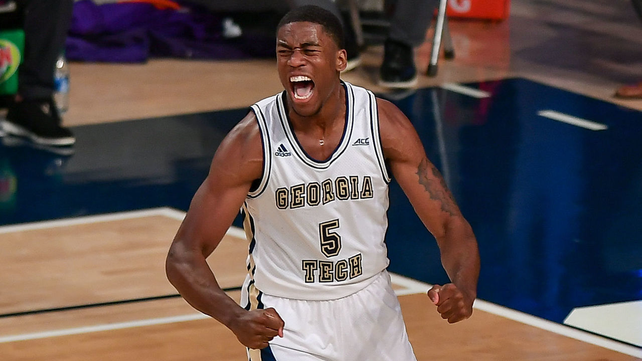 ATLANTA, GA JANUARY 20: Georgia Tech forward Moses Wright (5) reacts after dunking the basketball during the NCAA basketball game between the Clemson Tigers and the Georgia Tech Yellow Jackets on January 20th, 2021 at Hank McCamish Pavilion in Atlanta, GA.