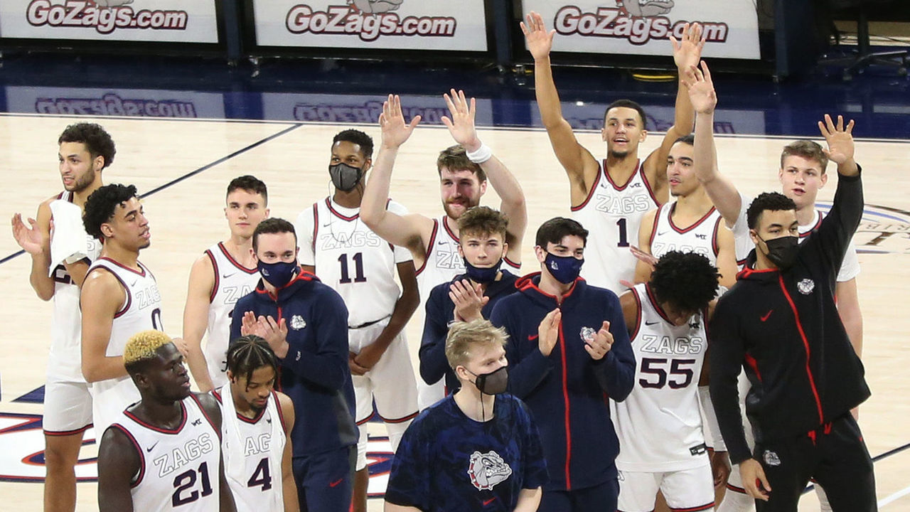 SPOKANE, WASHINGTON - FEBRUARY 27: The Gonzaga Bulldogs gather on the court after defeating the Loyola Marymount Lions 86-69 at McCarthey Athletic Center on February 27, 2021 in Spokane, Washington.