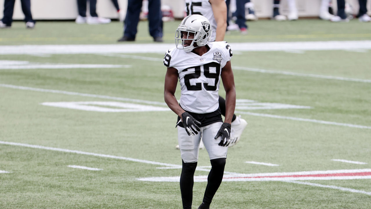 FOXBOROUGH, MA - SEPTEMBER 27: Las Vegas Raiders safety Lamarcus Joyner (29) during a game between the New England Patriots and the Las Vegas Raiders on September 27, 2020, at Gillette Stadium in Foxborough, Massachusetts.