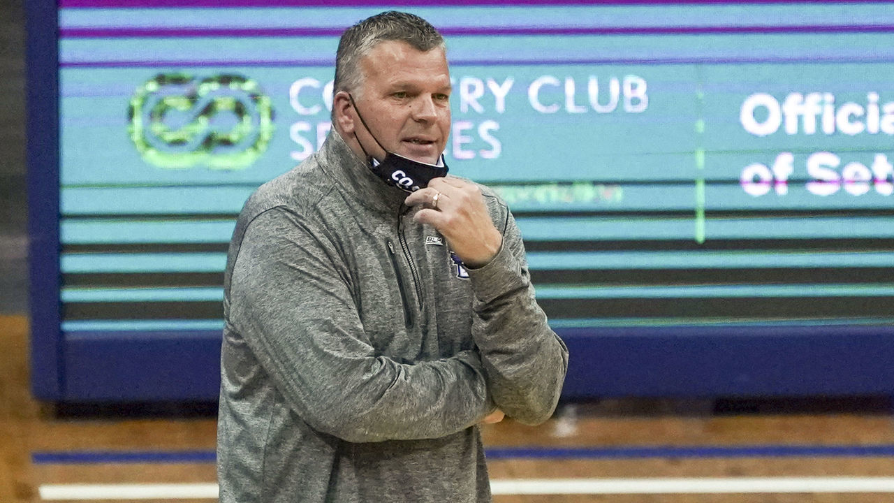 NEWARK, NJ - JANUARY 27: Head coach Greg McDermott of the Creighton Bluejays reacts during the game against the Seton Hall Pirates at Prudential Center on January 27, 2021 in Newark, NJ.