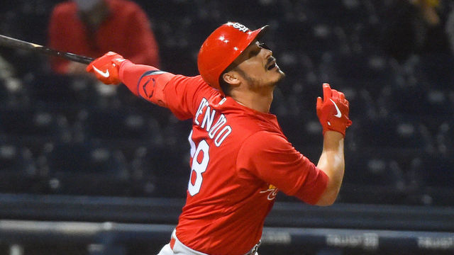 WEST PALM BEACH, FL - MARCH 05: Nolan Arenado #28 of the St. Louis Cardinals singles on a pop up during the third inning of the Spring Training game against the Washington Nationals at The Ballpark of the Palm Beaches on March 5, 2021 in West Palm Beach, Florida.