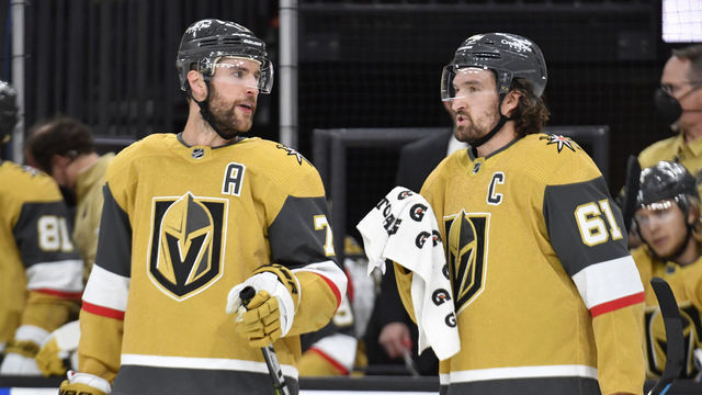 LAS VEGAS, NEVADA - MARCH 03: Alex Pietrangelo #7 and Mark Stone #61 of the Vegas Golden Knights talk during a stoppage in play during the second period against the Minnesota Wild at T-Mobile Arena on March 03, 2021 in Las Vegas, Nevada.