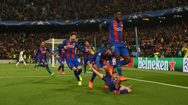BARCELONA, SPAIN - MARCH 08: Sergi Roberto (bottom) of Barcelona celebrates scoring his side's sixth goal during the UEFA Champions League Round of 16 second leg match between FC Barcelona and Paris Saint-Germain at Camp Nou on March 8, 2017 in Barcelona, Spain.