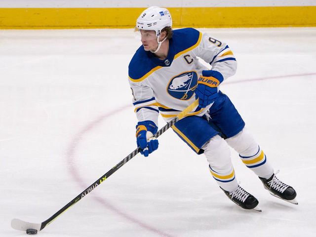 UNIONDALE, NY - MARCH 07: Buffalo Sabres Center Jack Eichel (9) skates with the puck during the first period of the National Hockey League game between the Buffalo Sabres and the New York Islanders on March 7, 2021, at the Nassau Veterans Memorial Coliseum in Uniondale, NY.