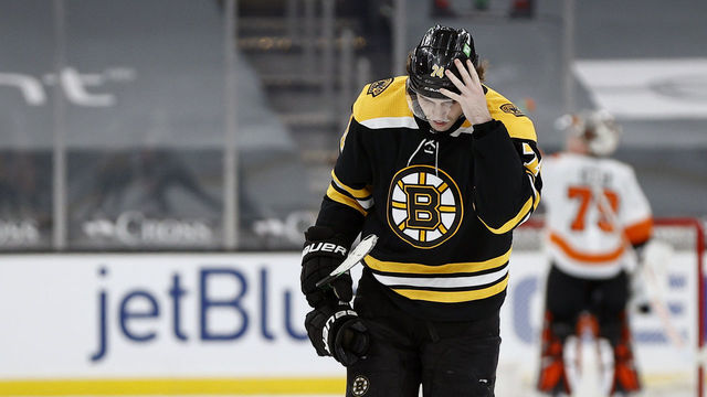 BOSTON, MASSACHUSETTS - JANUARY 21: Jake DeBrusk #74 of the Boston Bruins reacts during the second period against the Philadelphia Flyers at TD Garden on January 21, 2021 in Boston, Massachusetts.