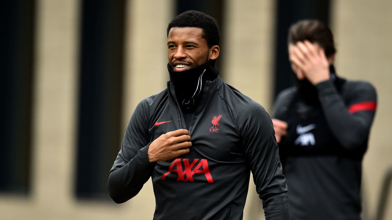 KIRKBY, ENGLAND - FEBRUARY 24: (THE SUN OUT, THE SUN ON SUNDAY OUT) Georginio Wijnaldum of Liverpool during a training session at AXA Training Centre on February 24, 2021 in Kirkby, England.