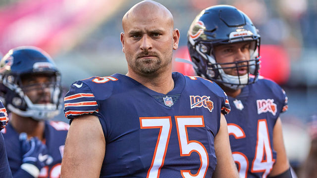 CHICAGO, IL - AUGUST 08: Chicago Bears offensive lineman Kyle Long (75) heads back to the the locker room prior to game action during a NFL preseason game between the Carolina Panthers and the Chicago Bears on August 8, 2019 at Soldier Field, in Chicago, IL.