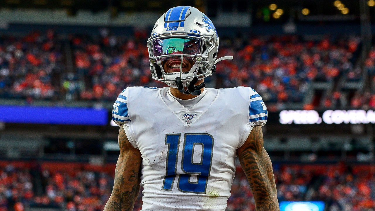 DENVER, CO - DECEMBER 22: Kenny Golladay #19 of the Detroit Lions celebrates after scoring a third quarter touchdown after a catch against the Denver Broncos at Empower Field on December 22, 2019 in Denver, Colorado.