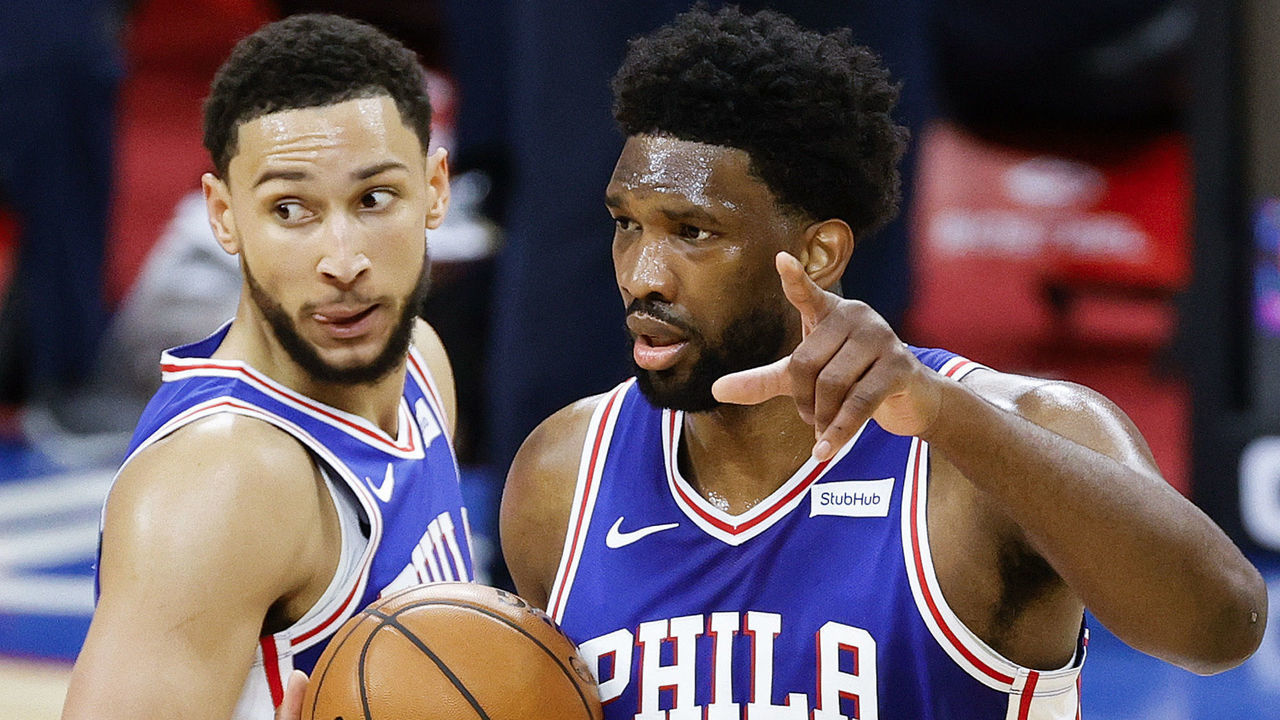 PHILADELPHIA, PENNSYLVANIA - MARCH 01: Ben Simmons #25 (L) and Joel Embiid #21 of the Philadelphia 76ers react to a call during the third quarter against the Indiana Pacers at Wells Fargo Center on March 01, 2021 in Philadelphia, Pennsylvania.