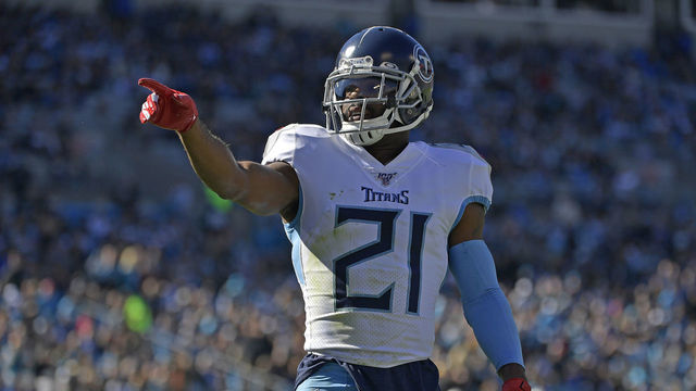 CHARLOTTE, NORTH CAROLINA - NOVEMBER 03: Malcolm Butler #21 of the Tennessee Titans reacts after breaking up a pass during the first quarter of their game against the Carolina Panthers at Bank of America Stadium on November 03, 2019 in Charlotte, North Carolina.