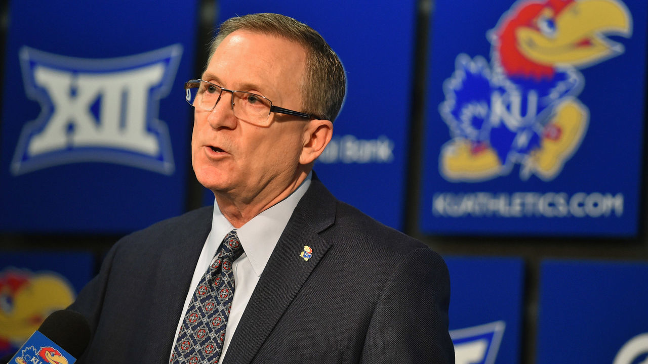 LAWRENCE, KANSAS - FEBRUARY 02: Jeff Long Kansas Jayhawks Director of Athletics talks to the media prior to a game against the Texas Tech Red Raiders as he addresses the suspension of Silvio De Sousa #22 of the Kansas Jayhawks by the NCAA at Allen Fieldhouse on February 02, 2019 in Lawrence, Kansas.