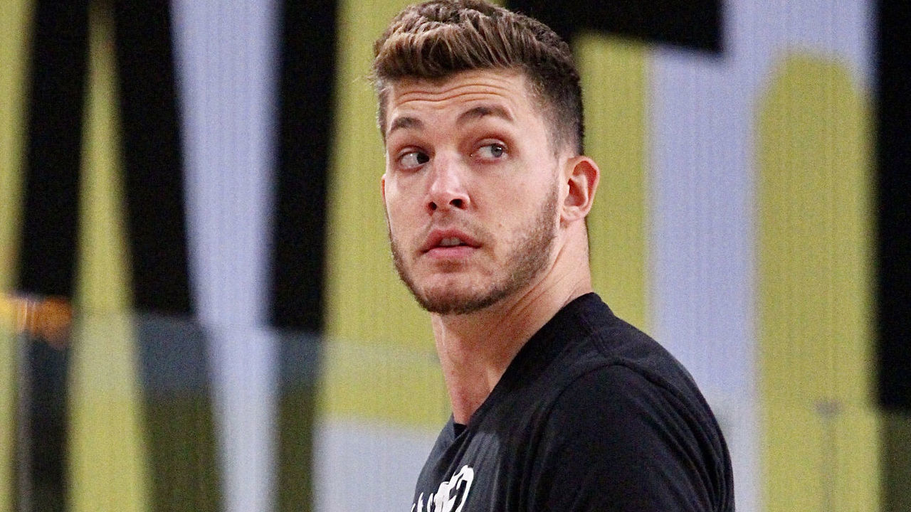 ORLANDO, FL - OCTOBER 06: Meyers Leonard #0 of the Miami Heat warms up before Game Four of the NBA Finals on October 6, 2020 in Orlando, Florida at AdventHealth Arena. NOTE TO USER: User expressly acknowledges and agrees that, by downloading and/or using this Photograph, user is consenting to the terms and conditions of the Getty Images License Agreement. Mandatory Copyright Notice: Copyright 2020 NBAE