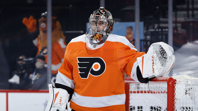 PHILADELPHIA, PENNSYLVANIA - MARCH 07: Carter Hart #79 of the Philadelphia Flyers looks on during the second period against the Washington Capitals at Wells Fargo Center on March 07, 2021 in Philadelphia, Pennsylvania.