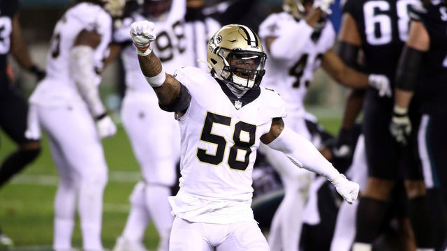PHILADELPHIA, PA - DECEMBER 13: New Orleans Saints Linebacker Kwon Alexander (58) celebrates a turnover in the second half during the game between the New Orleans Saints and Philadelphia Eagles on December 13, 2020 at Lincoln Financial Field in Philadelphia, PA.