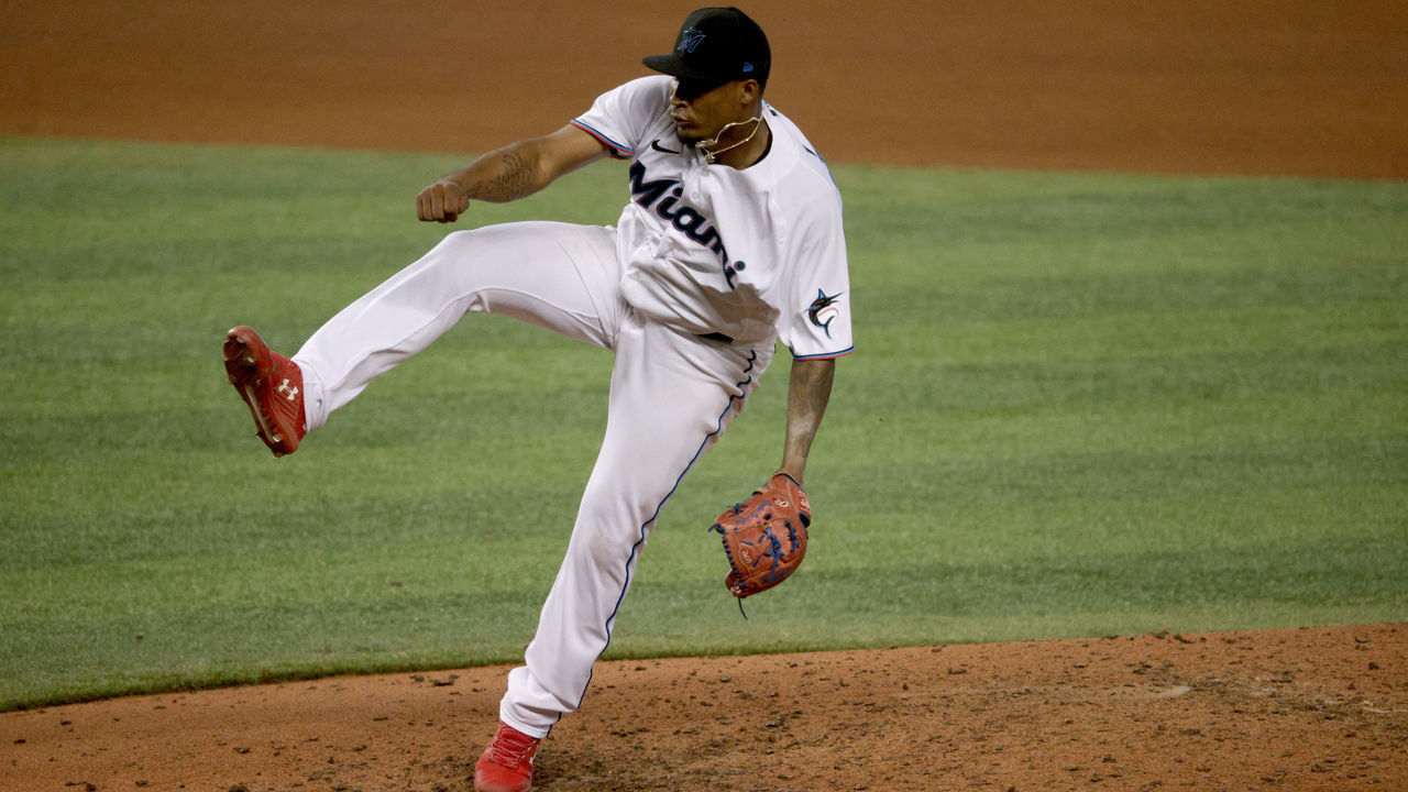 MIAMI, FLORIDA - SEPTEMBER 13: Sixto Sánchez #73 of the Miami Marlins delivers a pitch against the Philadelphia Phillies at Marlins Park on September 13, 2020 in Miami, Florida.