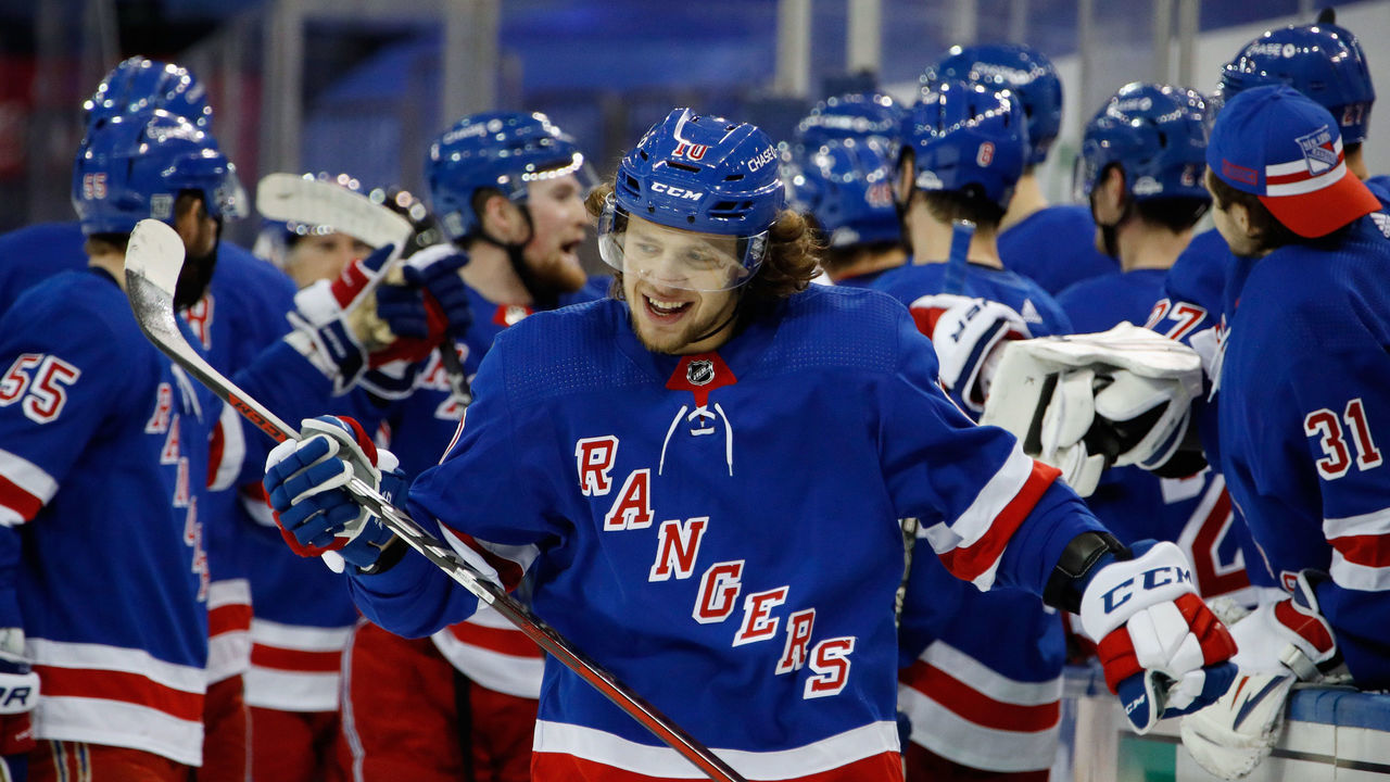 NEW YORK, NEW YORK - JANUARY 16: Artemi Panarin #10 of the New York Rangers celebrates his first period goal against the New York Islanders at Madison Square Garden on January 16, 2021 in New York City.