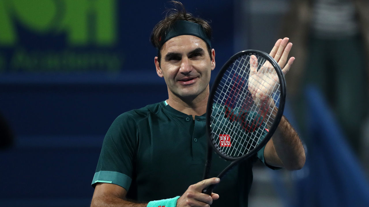 DOHA, QATAR - MARCH 10: Roger Federer of Switzerland celebrates winning his match against Dan Evans of Great Britain on Day 3 of the Qatar ExxonMobil Open at Khalifa International Tennis and Squash Complex on March 10, 2021 in Doha, Qatar.