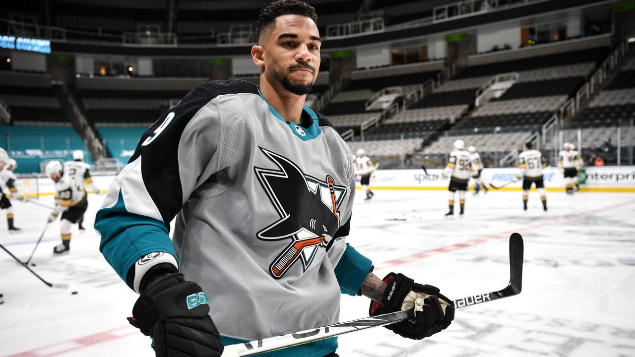 SAN JOSE, CA - MARCH 06: Evander Kane #9 of the San Jose Sharks skates during warmups against the Vegas Golden Knights at SAP Center on March 6, 2021 in San Jose, California.