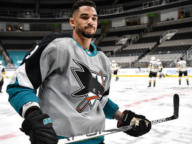 SAN JOSE, CA - MARCH 06: Evander Kane #9 of the San Jose Sharks skates during warmups against the Vegas Golden Knights at SAP Center on March 6, 2021 in San Jose, California.