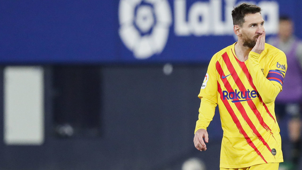 PAMPLONA, SPAIN - MARCH 6: Lionel Messi of FC Barcelona during the La Liga Santander match between Osasuna v FC Barcelona at the Estadio El Sadar on March 6, 2021 in Pamplona Spain