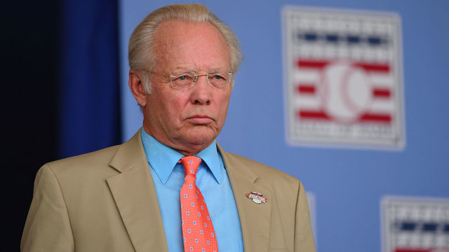COOPERSTOWN, NY - JULY 26: Gary Thorne takes the stage during the Induction Ceremony at National Baseball of Hall of Fame on July 26, 2015 in Cooperstown, New York.