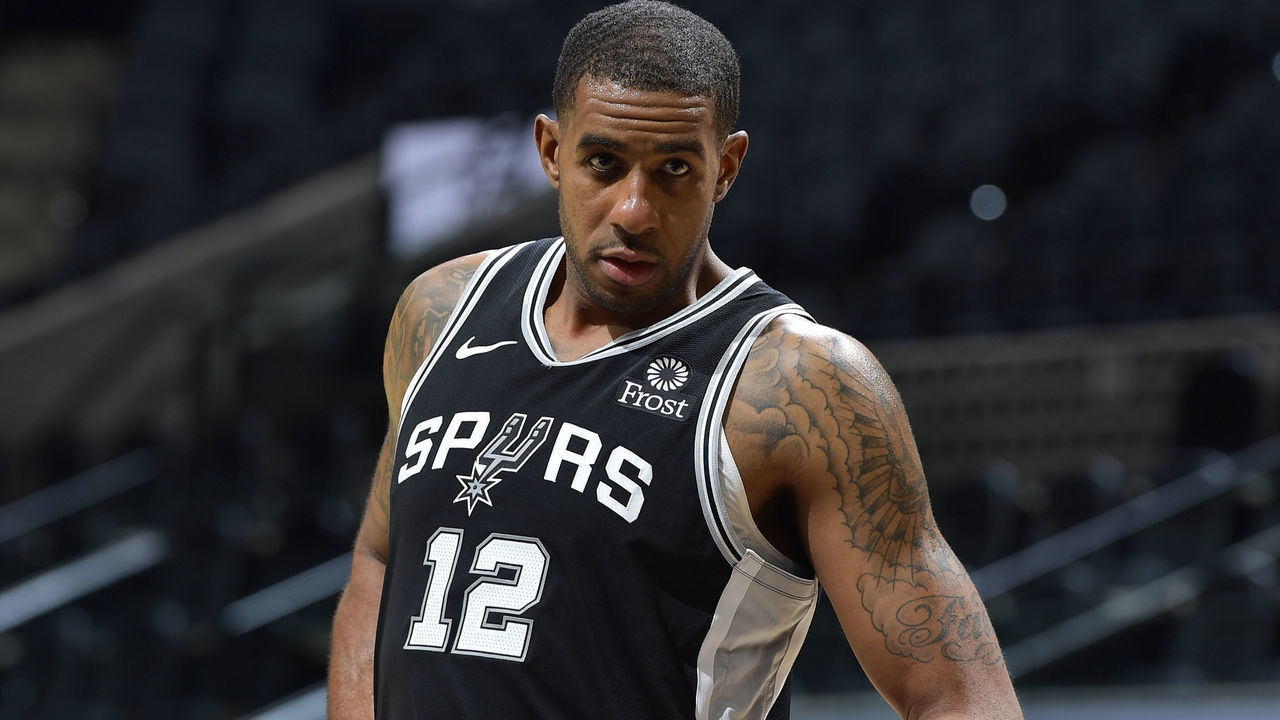 SAN ANTONIO, TX - JANUARY 14: LaMarcus Aldridge #12 of the San Antonio Spurs looks on during the game against the Houston Rockets on January 14, 2021 at the AT&T Center in San Antonio, Texas. Mandatory Copyright Notice: Copyright 2021 NBAE (Photos by Logan Riely/NBAE via Getty Images)