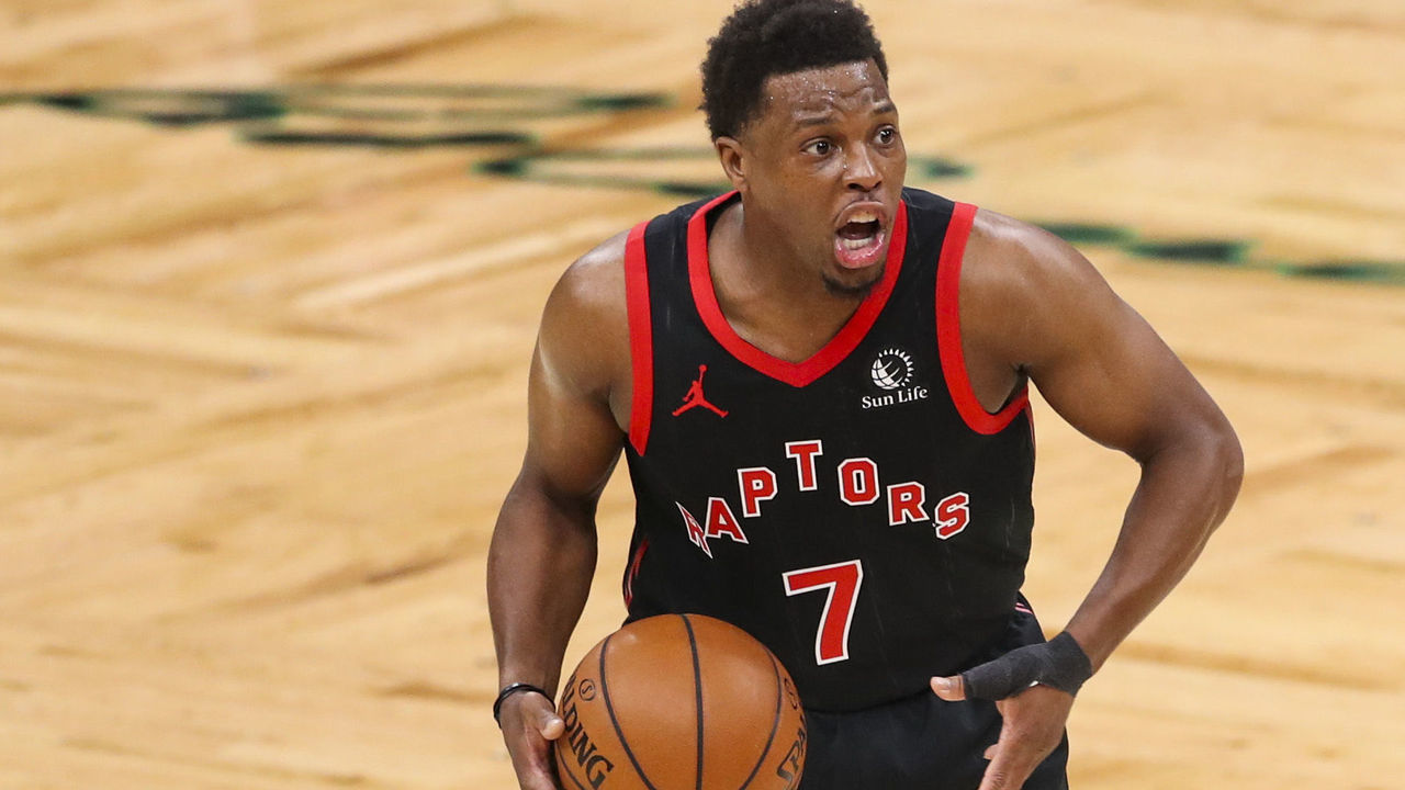 BOSTON, MA - MARCH 04: Kyle Lowry #7 of the Toronto Raptors shouts against the Boston Celtics at TD Garden on March 4, 2021 in Boston, Massachusetts. NOTE TO USER: User expressly acknowledges and agrees that, against downloading and or using this photograph, User is consenting to the terms and conditions of the Getty Images License Agreement. (Photo against Adam Glanzman/Getty Images)
