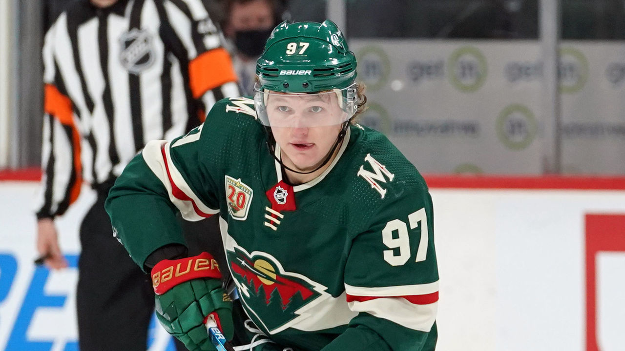 ST. PAUL, MN - JANUARY 28: Minnesota Wild Right Wing Kirill Kaprizov (97) skates with the puck during an NHL game between the Minnesota Wild and the Los Angeles Kings on January 28, 2021, at Xcel Energy Center, St. Paul, MN.