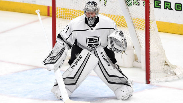 ANAHEIM, CA - MARCH 10: Los Angeles Kings Goalie Troy Grosenick (1) in goal in the first period of a game against the Anaheim Ducks played on March 10, 2021 at the Honda Center in Anaheim, CA.