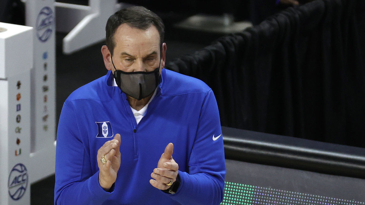 GREENSBORO, NORTH CAROLINA - MARCH 09: Head coach Mike Krzyzewski of the Duke Blue Devils reacts during the first half of their first round game against the Boston College Eagles in the ACC Men's Basketball Tournament at Greensboro Coliseum on March 09, 2021 in Greensboro, North Carolina.
