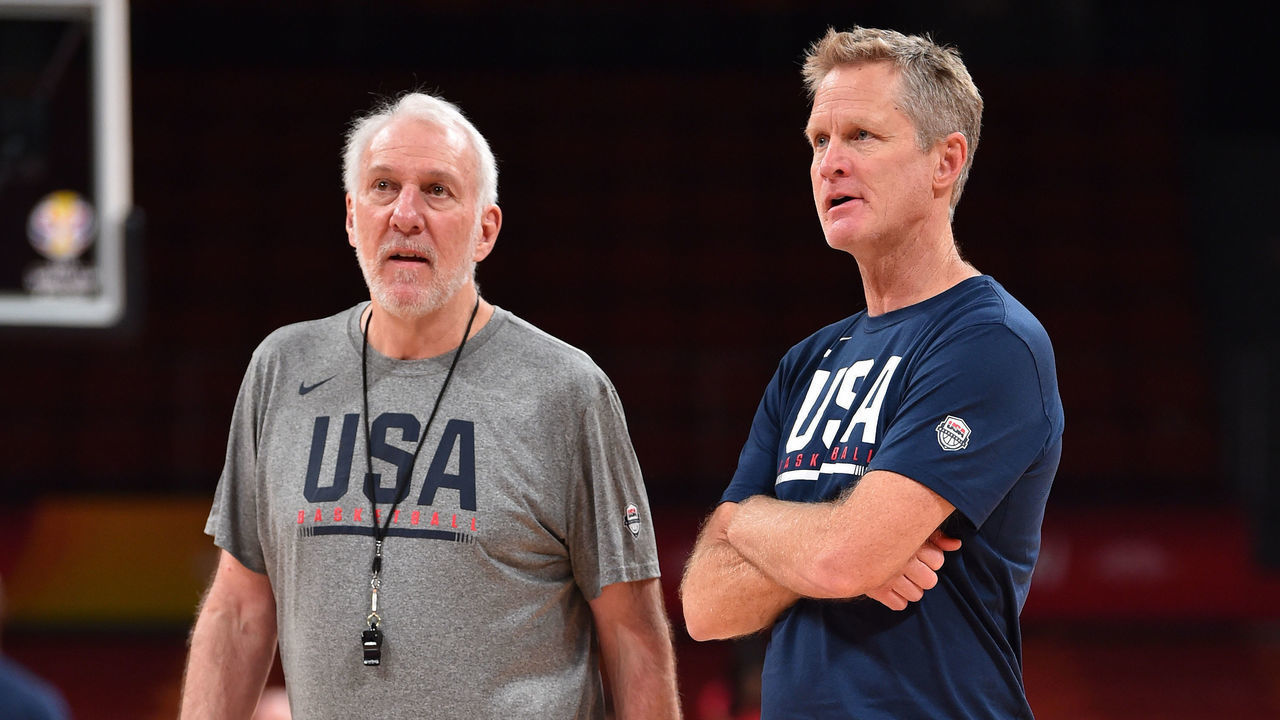 SHENZHEN, CHINA - SEPTEMBER 9: Coach Gregg Popovich and coach Steve Kerr USA Basketball Men's National Team looks on during shoot around at the on September 9, 2019 at the Shenzhen Bay Sports Center in Shenzhen, China. NOTE TO USER: User expressly acknowledges and agrees that, by downloading and/or using this photograph, user is consenting to the terms and conditions of the Getty Images License Agreement. Mandatory Copyright Notice: Copyright 2019 NBAE
