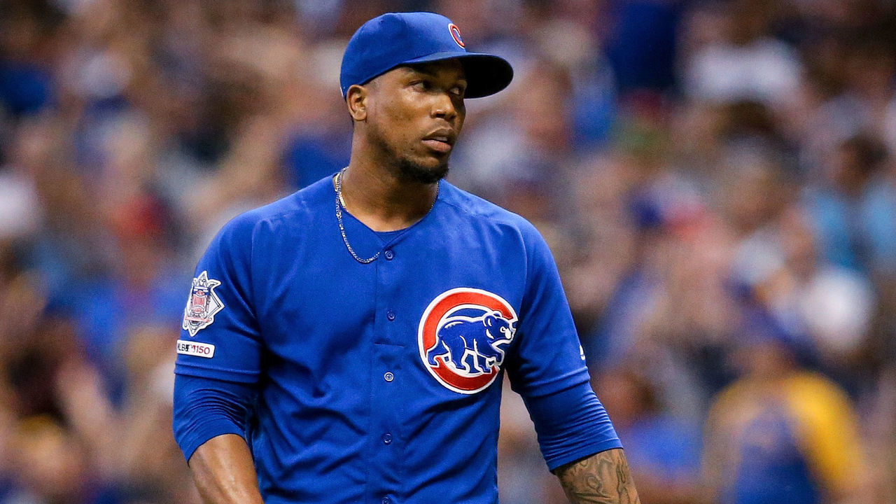 MILWAUKEE, WISCONSIN - JULY 26: Pedro Strop #46 of the Chicago Cubs reacts in the eighth inning against the Milwaukee Brewers at Miller Park on July 26, 2019 in Milwaukee, Wisconsin.