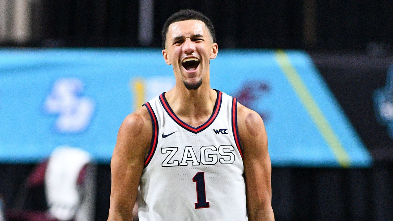 LAS VEGAS, NV - MARCH 09: Gonzaga guard Jalen Suggs (1) celebrates after hitting a key three pointer in the final minutes of the championship game of the men's West Coast Conference basketball tournament between the BYU Cougars and the Gonzaga Bulldogs on March 9, 2021, at the Orleans Arena in Las Vegas, NV.