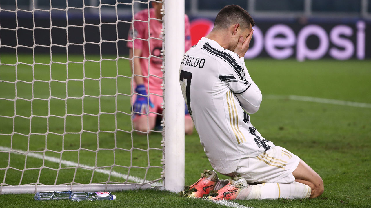 TURIN, ITALY - MARCH 09: Cristiano Ronaldo of Juventus reacts during the UEFA Champions League Round of 16 match between Juventus and FC Porto at Juventus Arena on March 09, 2021 in Turin, Italy.