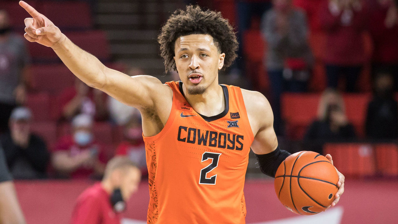 NORMAN, OK - FEBRUARY 27: Oklahoma State Cowboys guard Cade Cunningham (2) calls a play during overtime against the Oklahoma Sooners on February 27th, 2021 at Lloyd Noble Center in Norman Oklahoma.