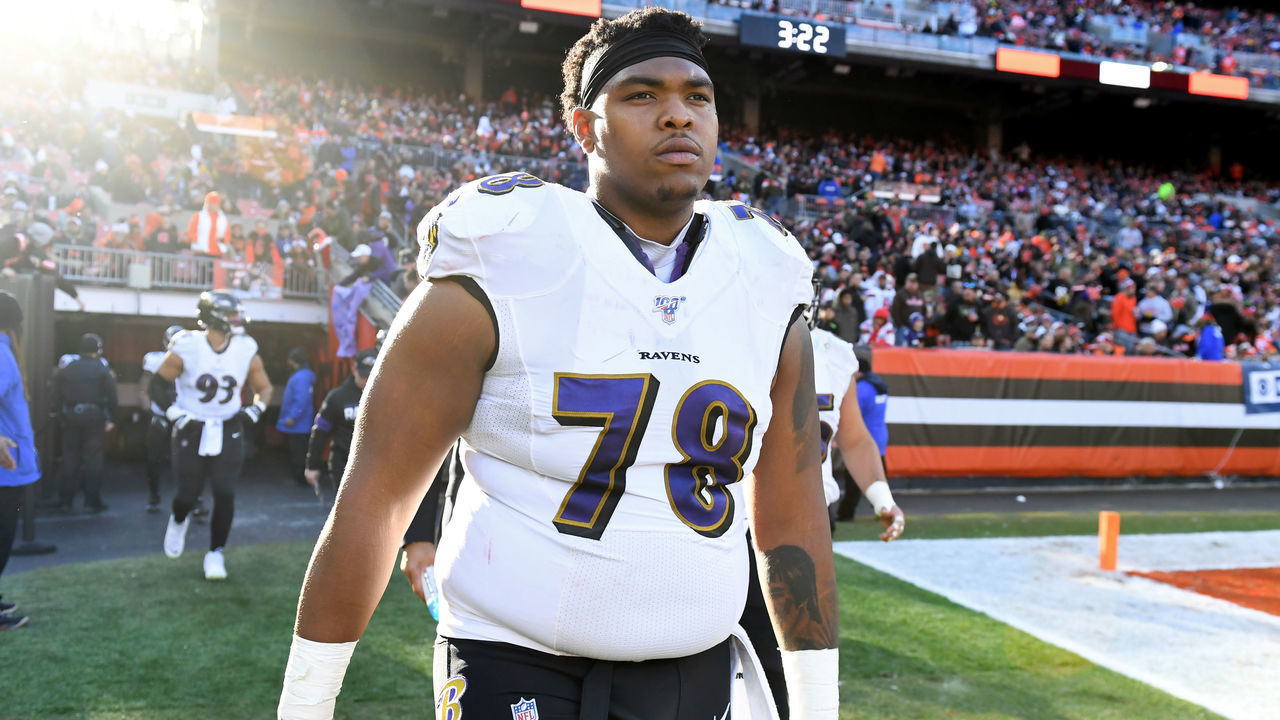 CLEVELAND, OH - DECEMBER 22, 2019: Offensive tackle Orlando Brown #78 of the Baltimore Ravens walks onto the field at halftime of a game against the Cleveland Browns on December 22, 2019 at FirstEnergy Stadium in Cleveland, Ohio. Baltimore won 31-15. (Photo by: 2019 Nick Cammett/Diamond Images via Getty Images)