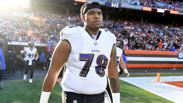 CLEVELAND, OH - DECEMBER 22, 2019: Offensive tackle Orlando Brown #78 of the Baltimore Ravens walks onto the field at halftime of a game against the Cleveland Browns on December 22, 2019 at FirstEnergy Stadium in Cleveland, Ohio. Baltimore won 31-15. (Photo by: 2019 Nick Cammett/Diamond Images via Getty Images)