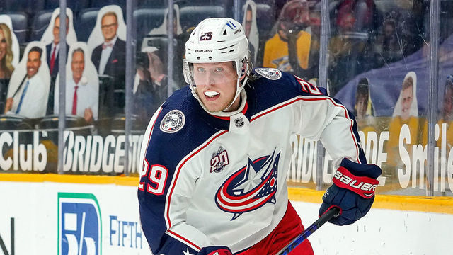 NASHVILLE, TN - FEBRUARY 27: Patrik Laine #29 of the Columbus Blue Jackets skates against the Nashville Predators at Bridgestone Arena on February 27, 2021 in Nashville, Tennessee.