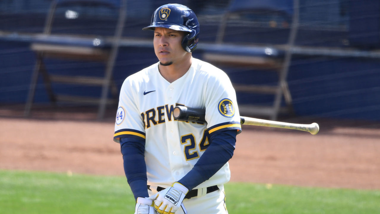 PHOENIX, ARIZONA - MARCH 04: Avisail Garcia #24 of the the Milwaukee Brewers gets ready to step into the batters box against the Cleveland Indians during a spring training game at American Family Fields of Phoenix on March 04, 2021 in Phoenix, Arizona.