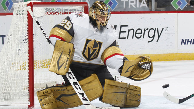 SAINT PAUL, MN - MARCH 8: Marc-Andre Fleury #29 of the Vegas Golden Knights makes a save against the Minnesota Wild during the game at the Xcel Energy Center on March 8, 2021 in Saint Paul, Minnesota.