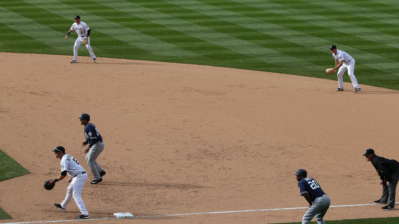 DENVER, CO - APRIL 08: Infielders Trevor Story #27, DJ LeMahieu #9 and Mark Reynolds #12 of the Colorado Rockies play a defensive shift against the San Diego Padres during opening day at Coors Field on April 8, 2016 in Denver, Colorado. The Padres defeated the Rockies 13-6.